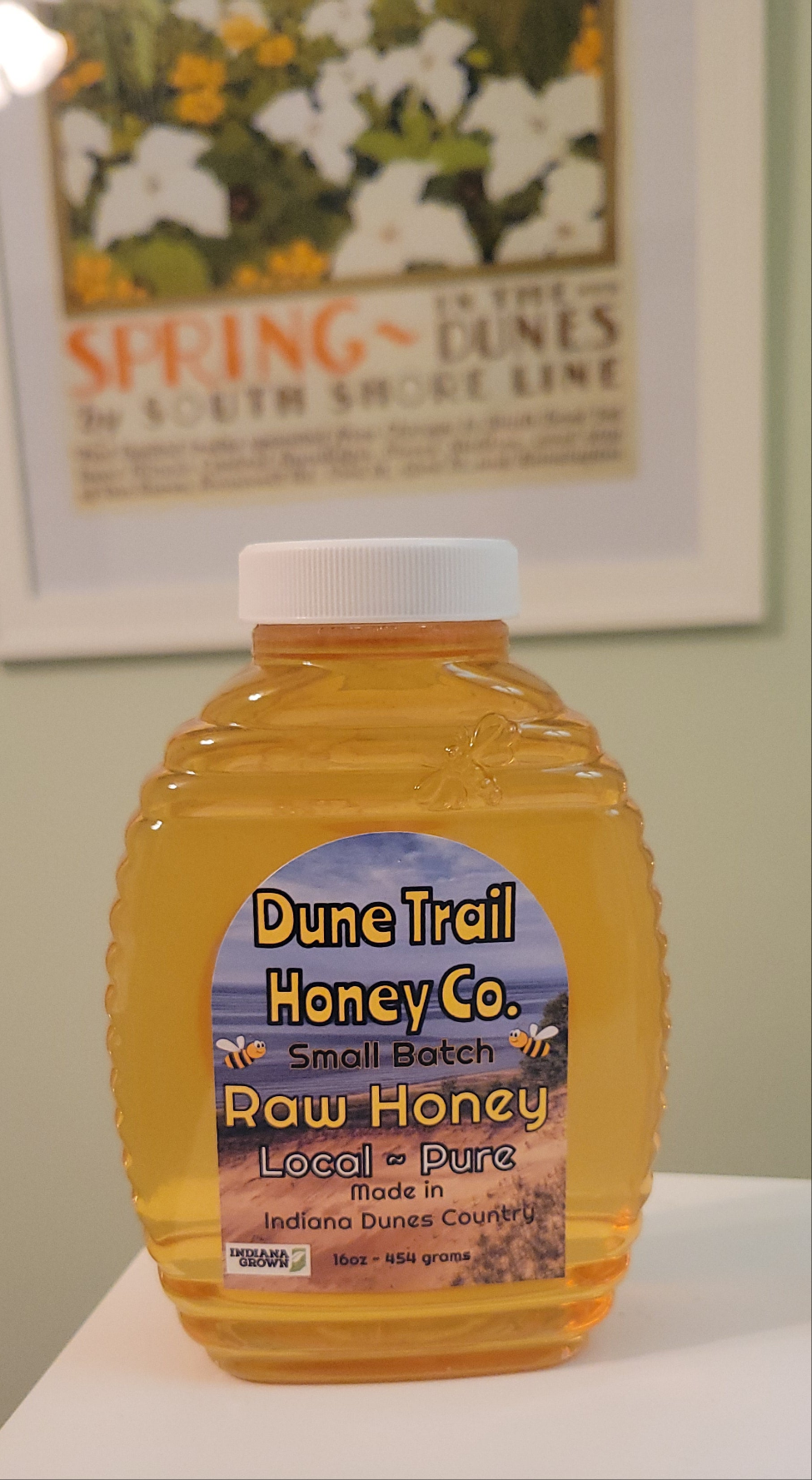 1lb bottle of raw small batch Dune Trail honey