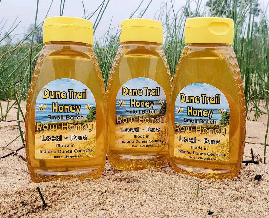 1 lb bottles of Summer raw Dune Trail Honey--no drip lid